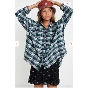 UO Brendan Green Drapey‎ Flannel Button-Through Shirt